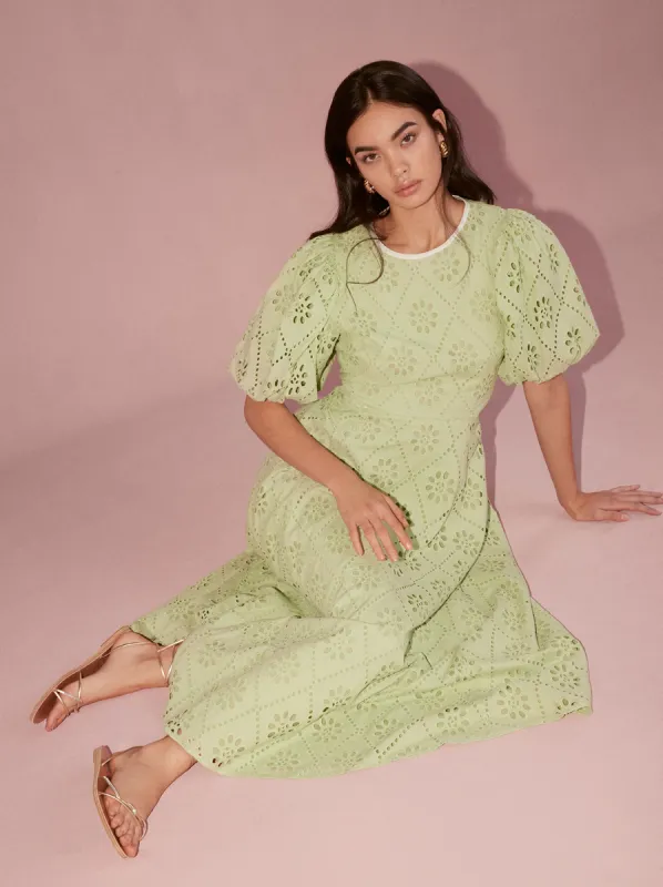 Chiara Pistachio Broderie Midi Dress sold by KITRI Studio
