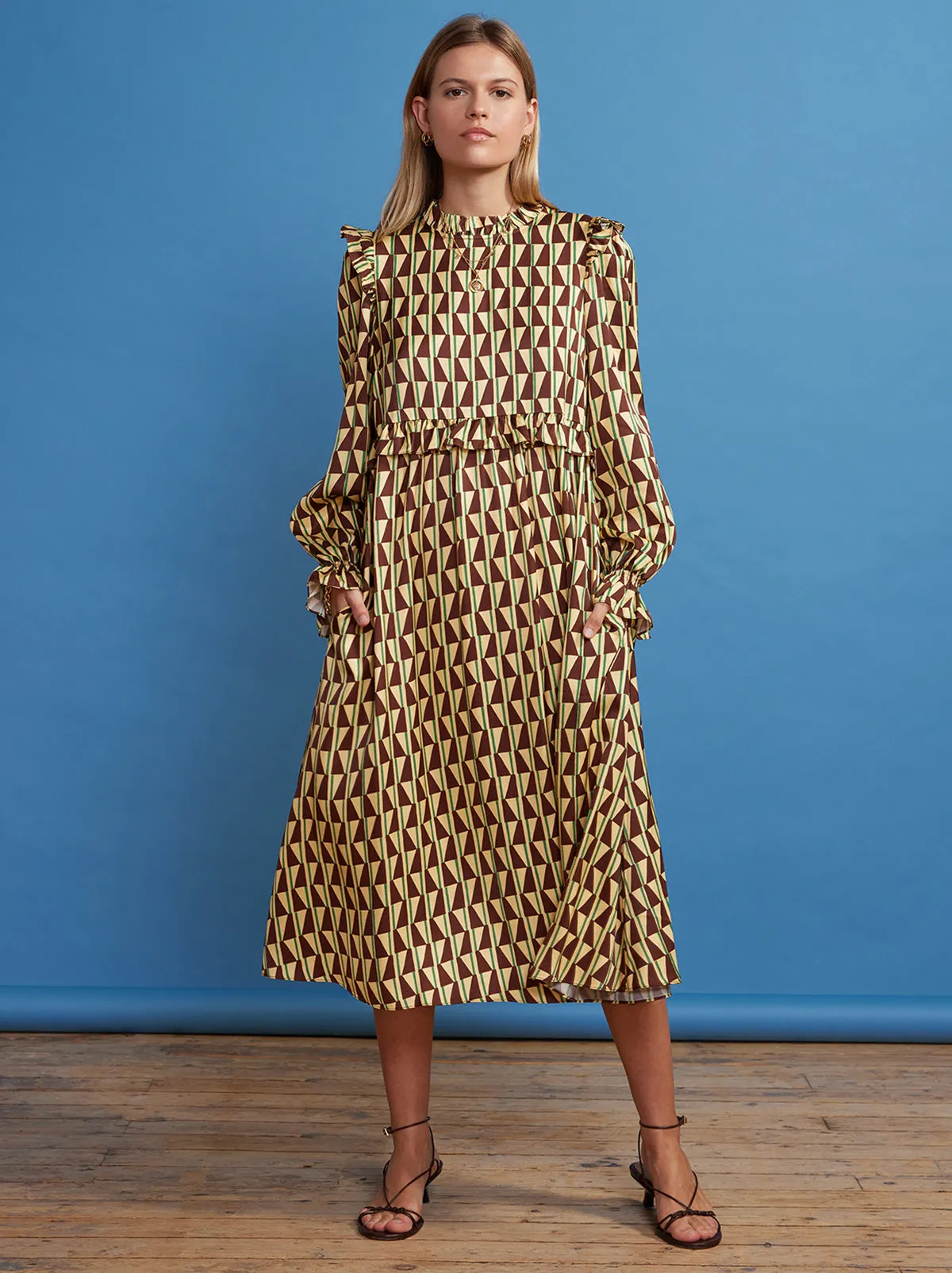 Savannah Chocolate Tile Print Midi Dress sold by KITRI Studio