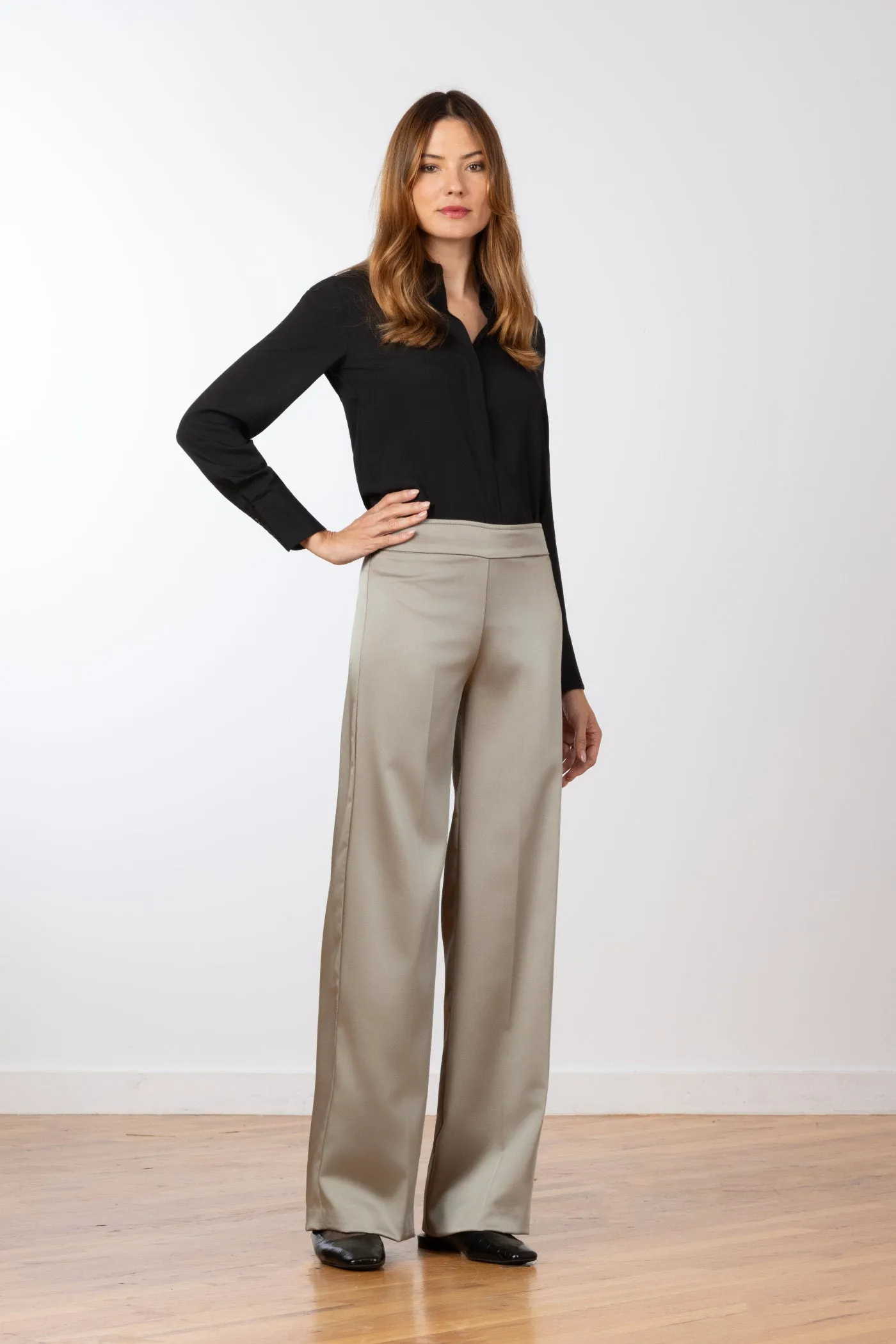 FLAVIA Satin Olive Green sold by Avenue Montaigne