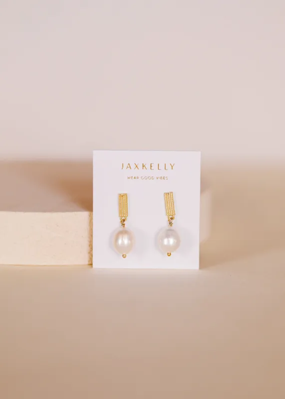 Rectangle Pearl Drop - Gold Earrings sold by JaxKelly