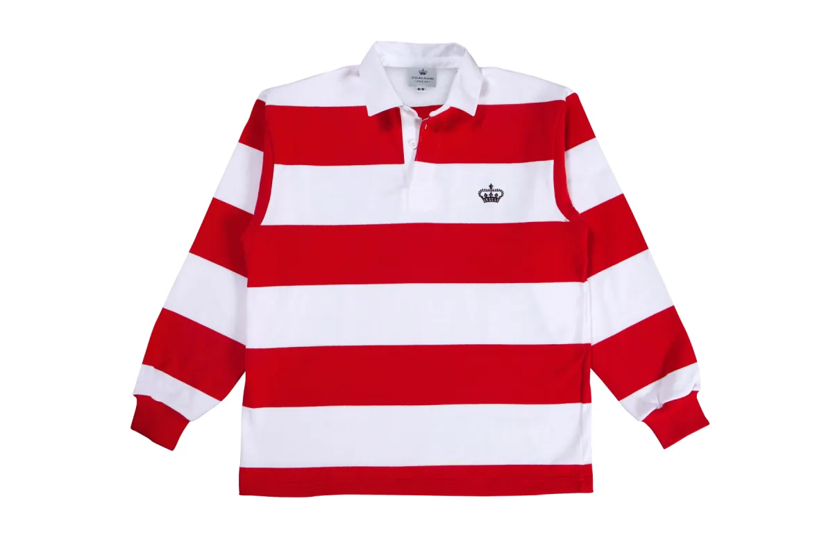 Red and White Stripe Rugby Shirt sold by Stolen Riches