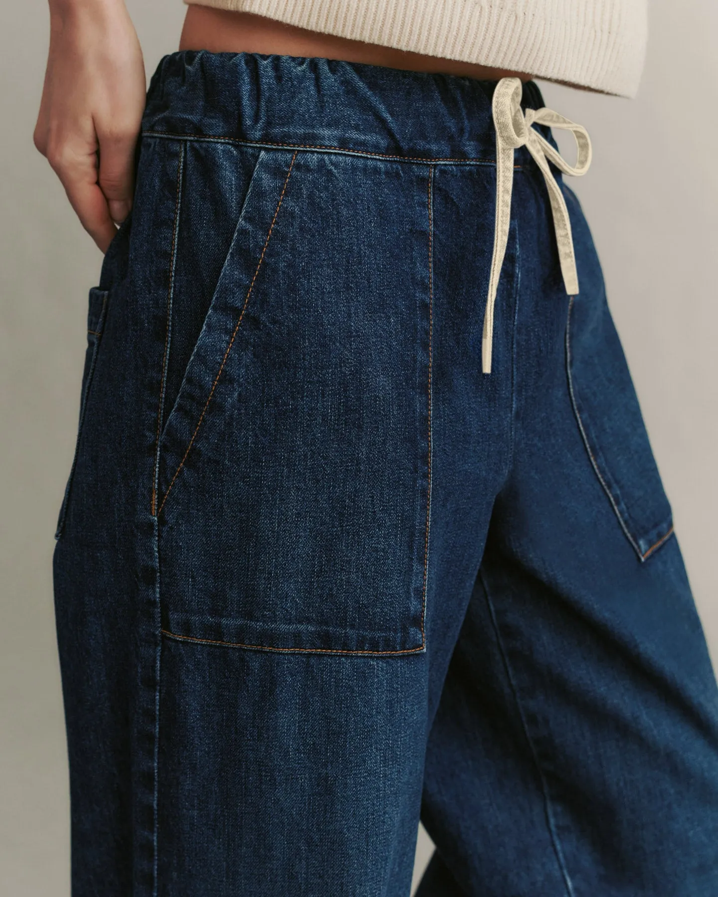 Denim Drawstring Pant with Pockets in Dark Wash Denim sold by TWP CLOTHING product image thumbnail 2