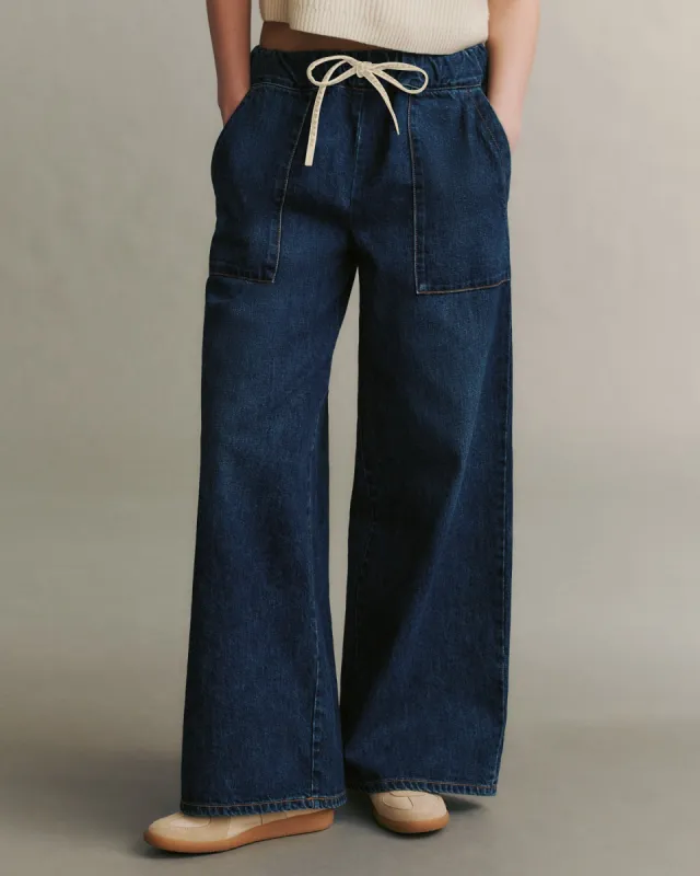 Denim Drawstring Pant with Pockets in Dark Wash Denim sold by TWP CLOTHING