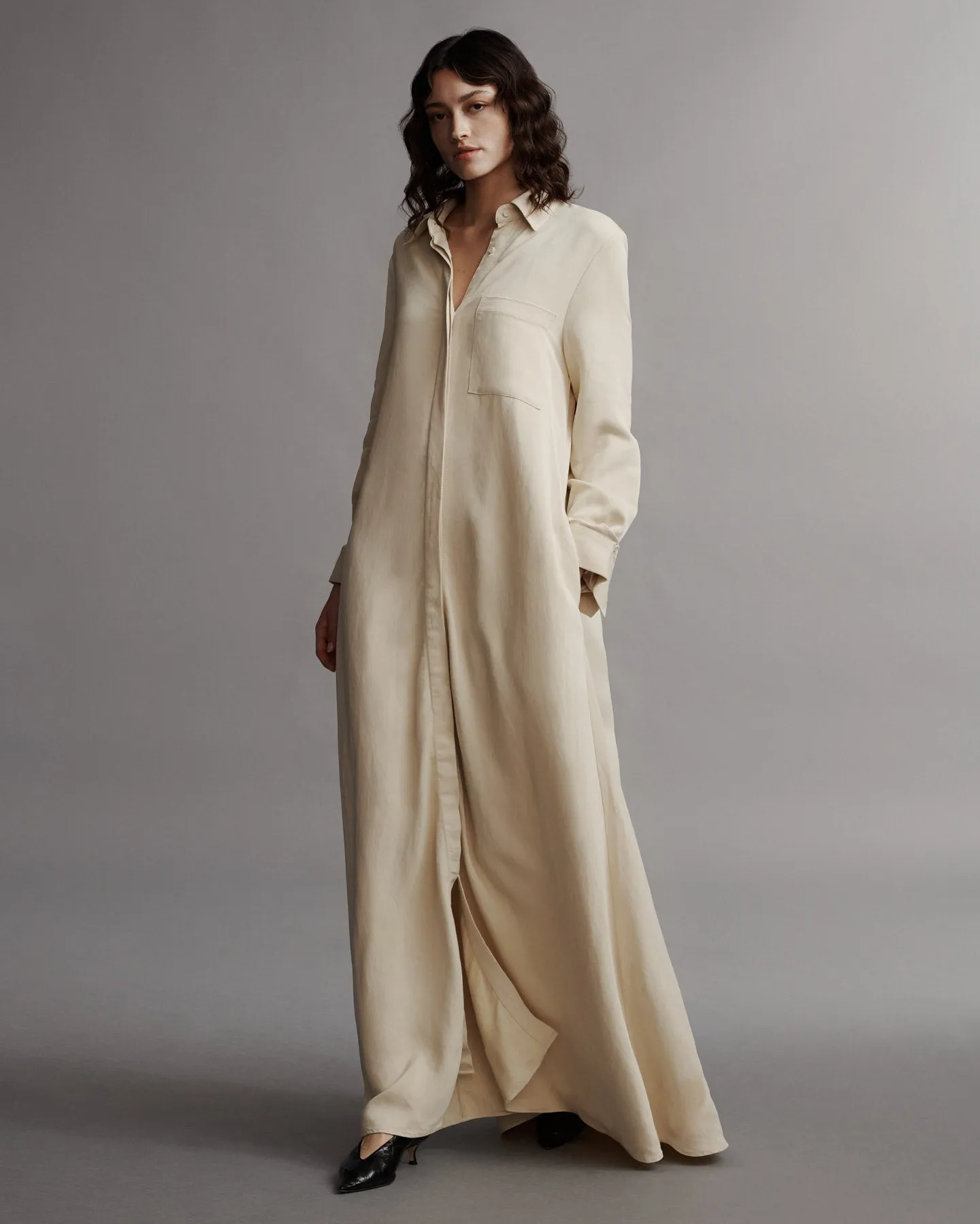 Jenny's Gown in coated viscose linen sold by TWP CLOTHING