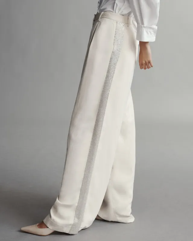 Sullivan Pant With Beaded Tux Stripe in Coated Viscose Linen sold by TWP CLOTHING