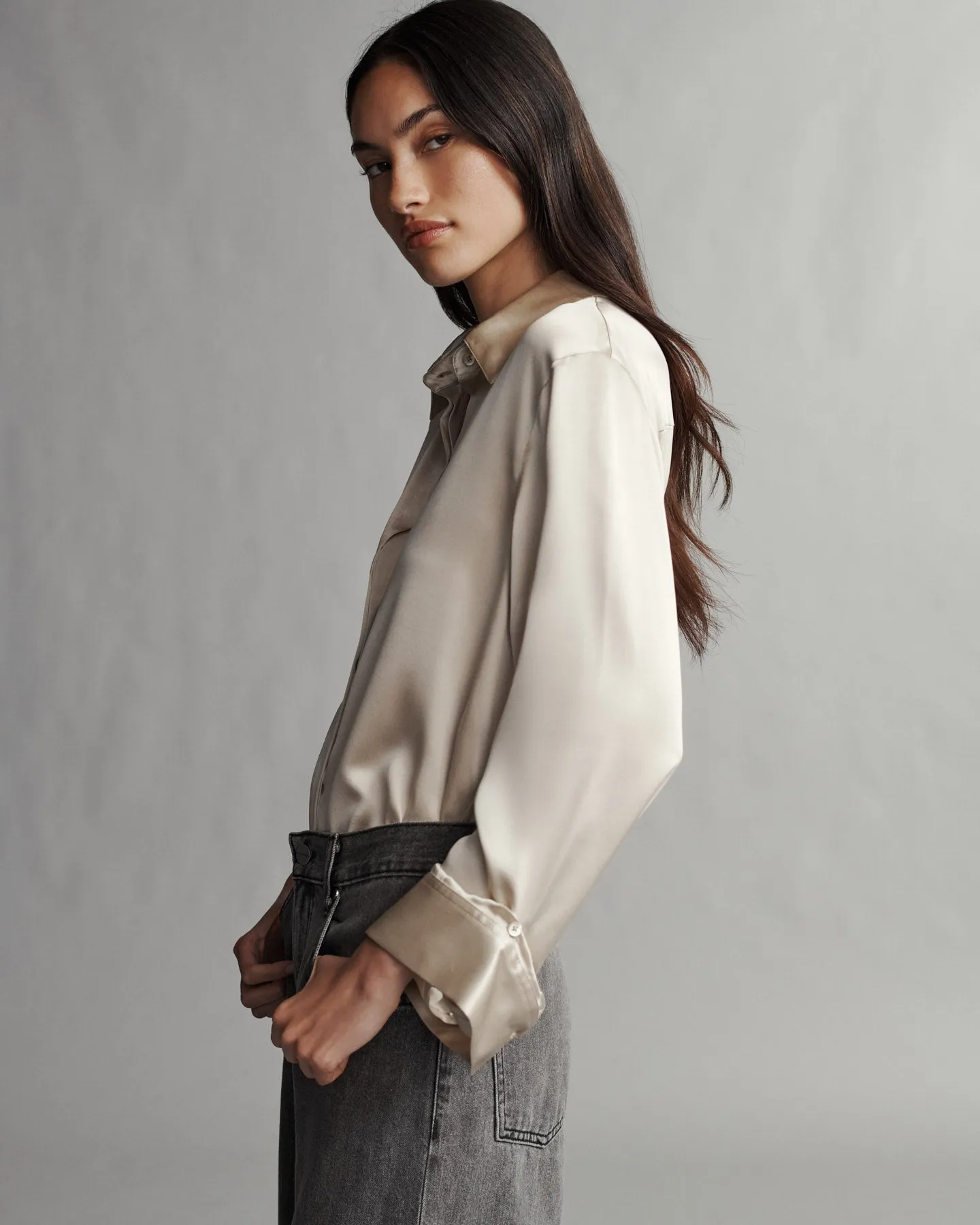 Boyfriend Shirt in Silk Charmeuse sold by TWP CLOTHING