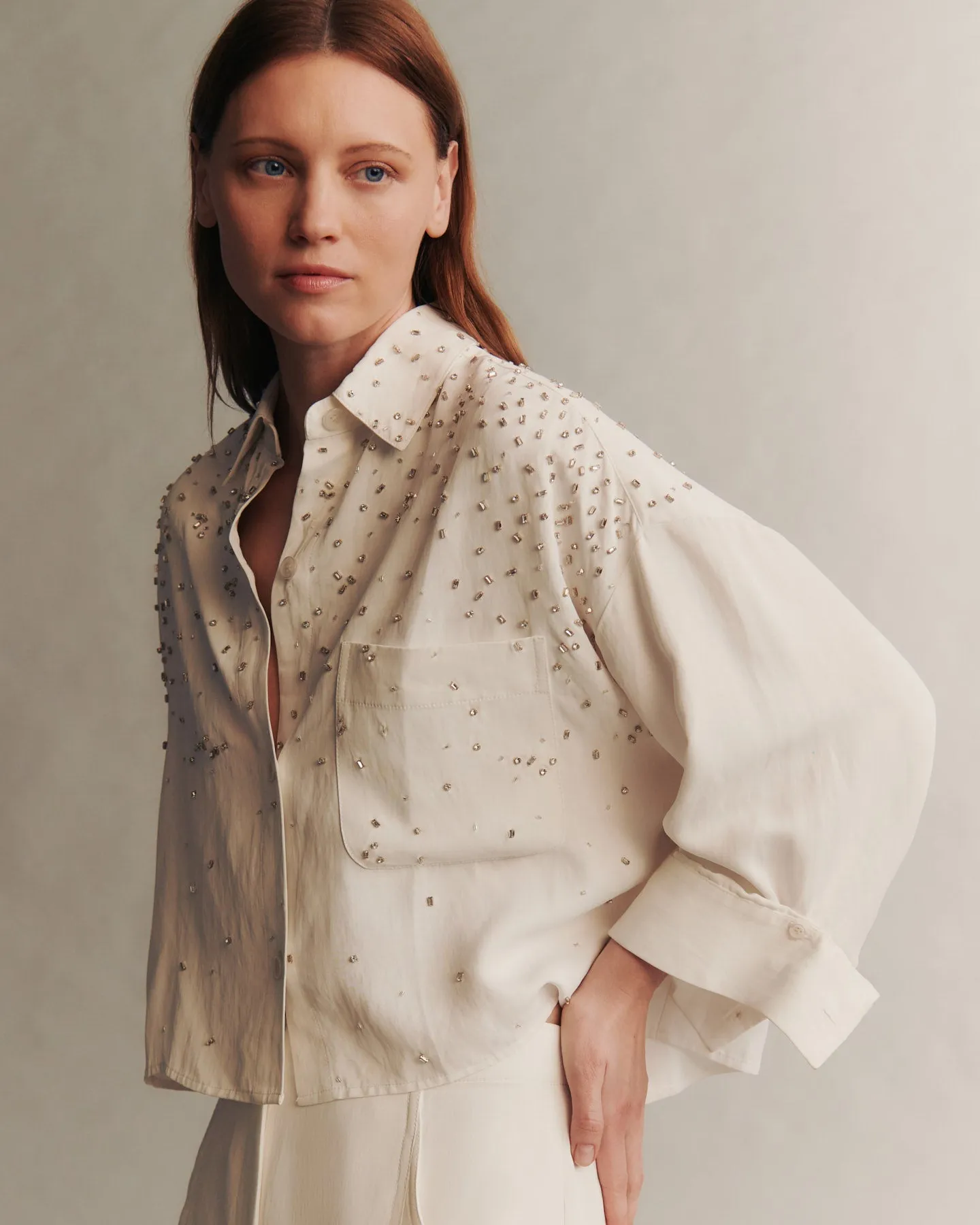 Soon To Be Ex Shirt With Crystal Trickle in Coated Viscose Linen sold by TWP CLOTHING