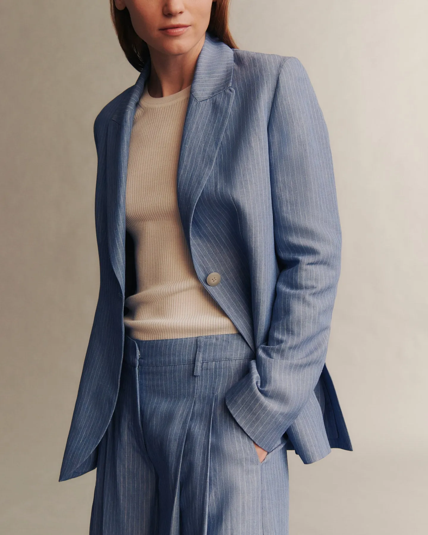 Dinner Jacket in Linen Stripe sold by TWP CLOTHING