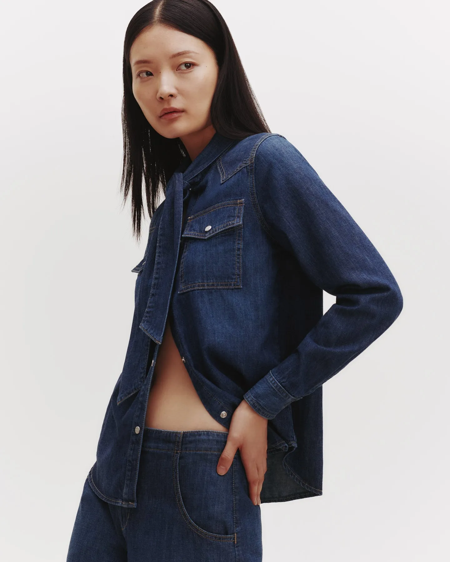 Rancher's Daughter Shirt With Tie in Lightweight Denim sold by TWP CLOTHING