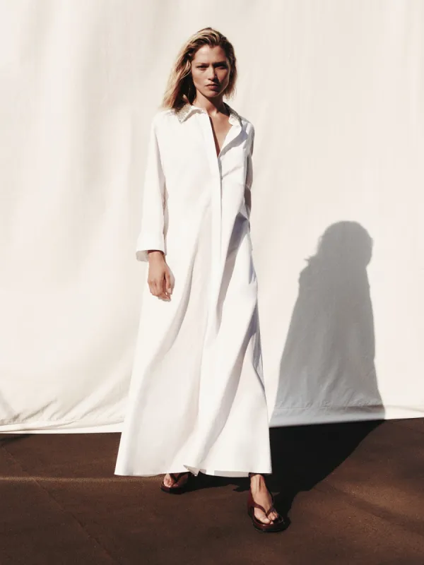 Jenny's Gown with Crystal Collar in Cotton Shirting sold by TWP CLOTHING