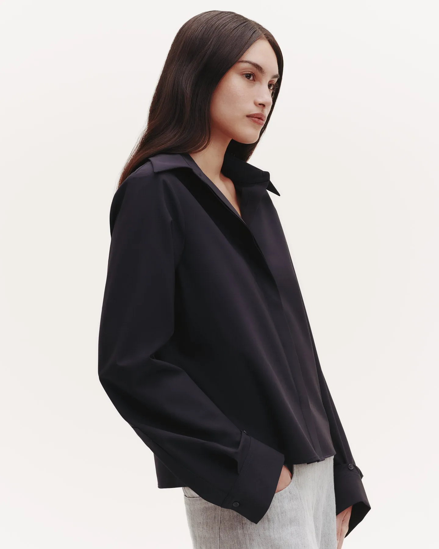 Button Me Up Top in Ultrafine Stretch Suiting sold by TWP CLOTHING