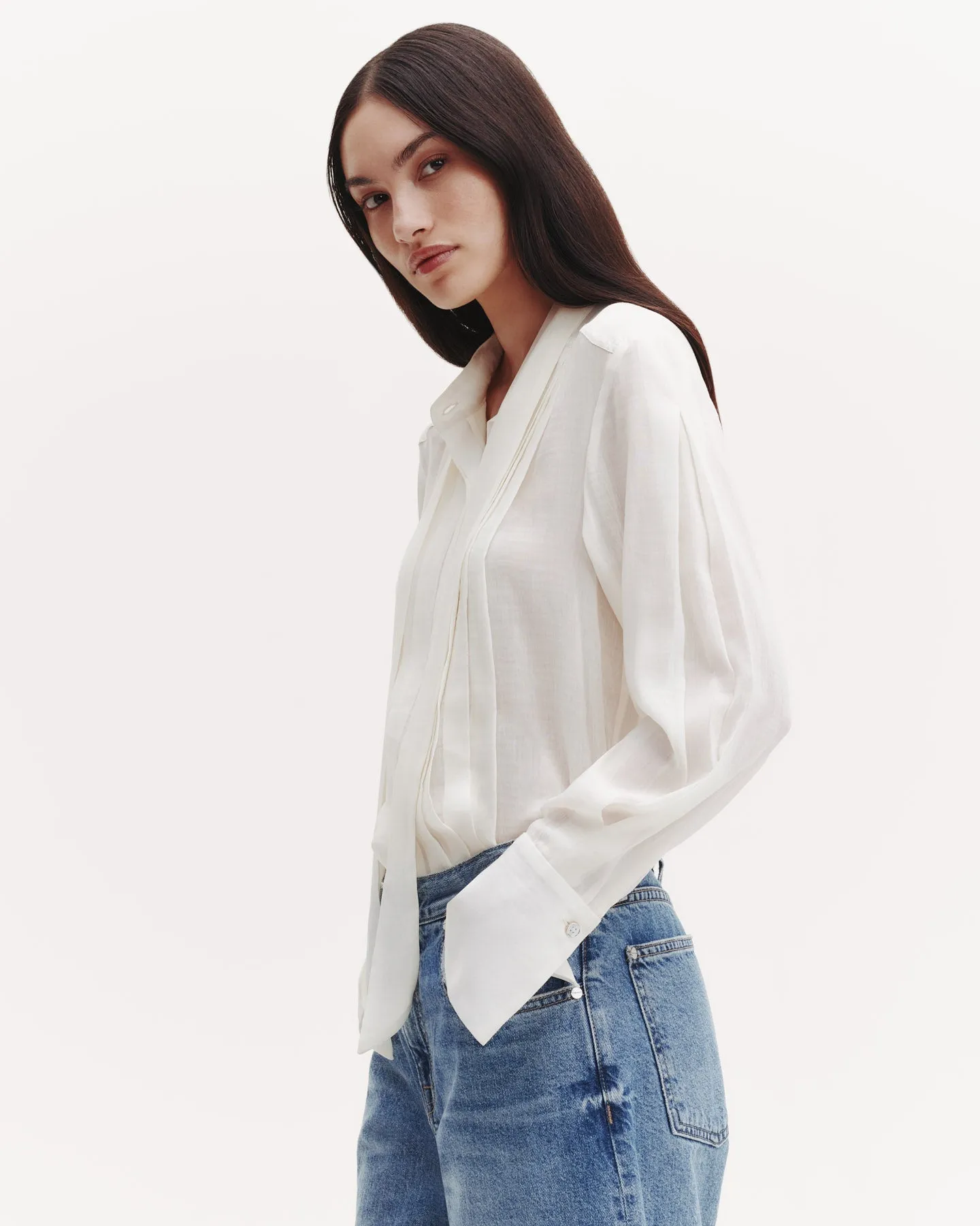 Patti Top with Pleats and Tie in Sheer Crinkled Shirting sold by TWP CLOTHING