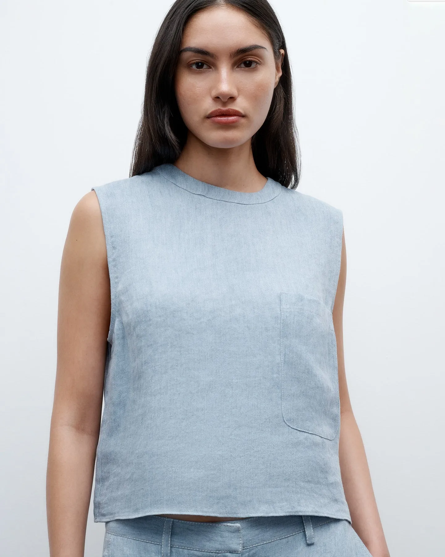 Cropped Muscle Tank in Lightweight Washed Hemp Denim sold by TWP CLOTHING product image thumbnail 3