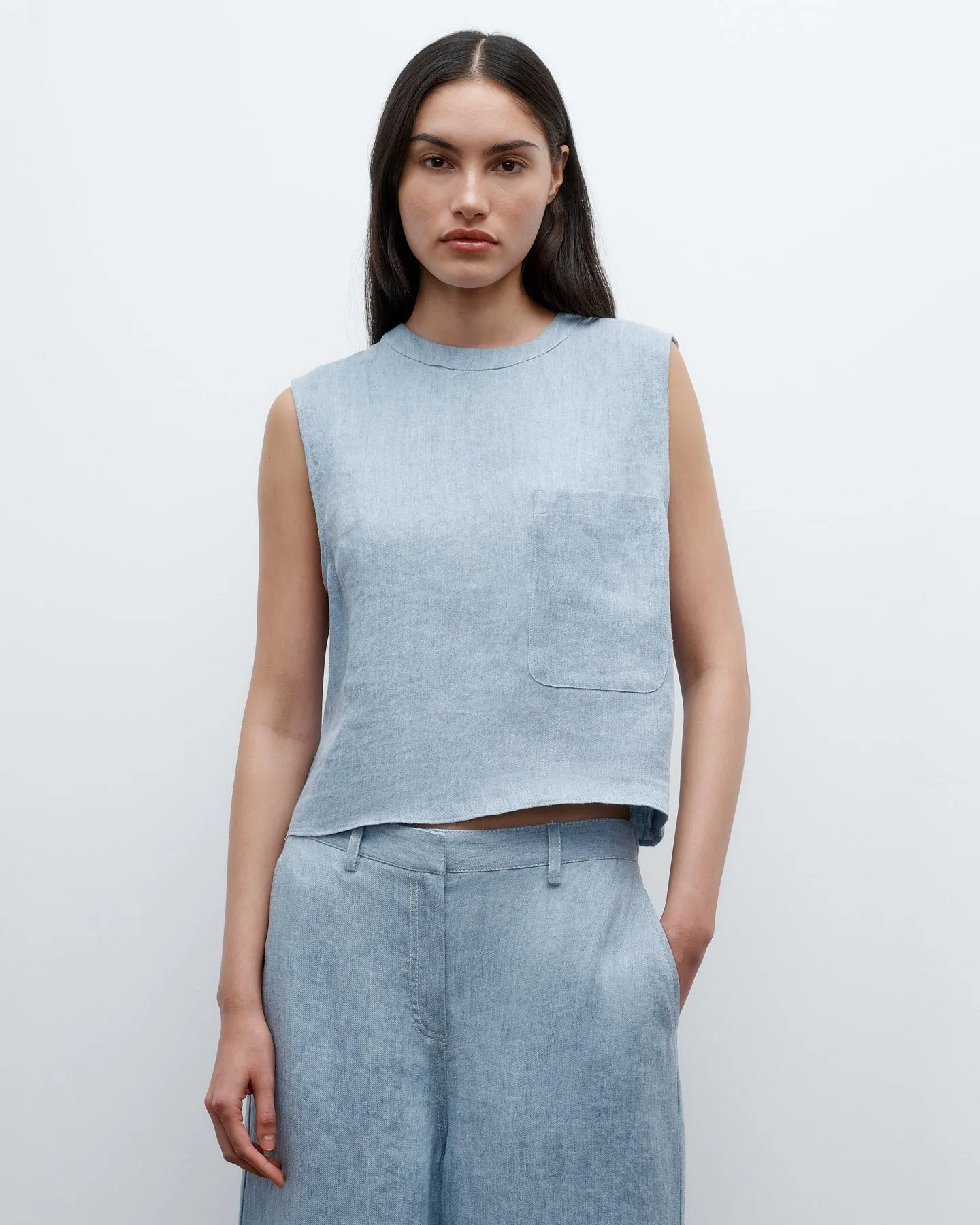 Cropped Muscle Tank in Lightweight Washed Hemp Denim sold by TWP CLOTHING