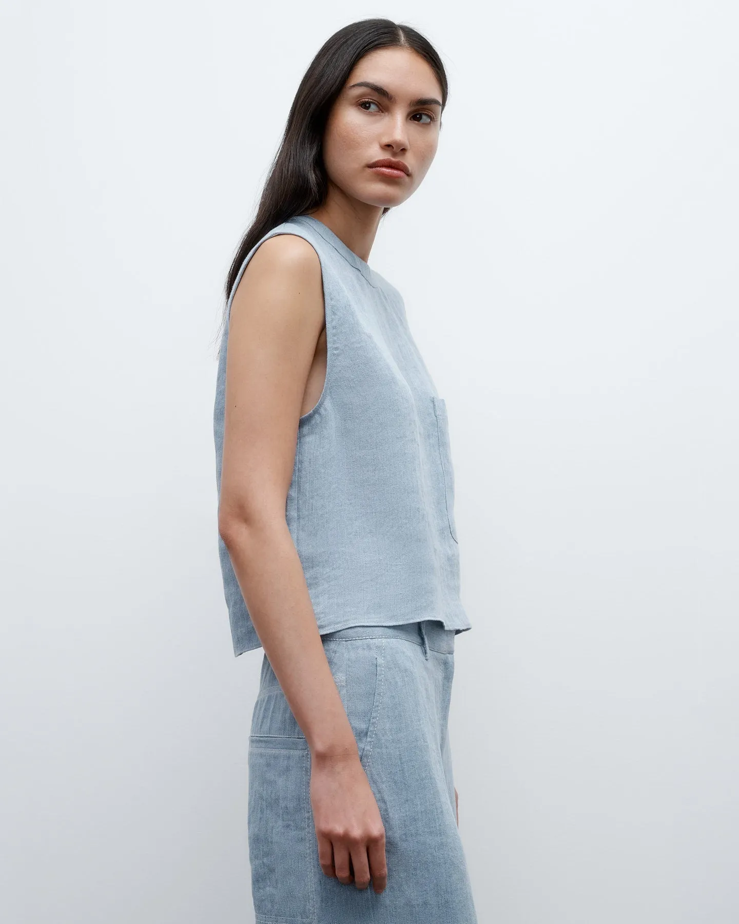 Cropped Muscle Tank in Lightweight Washed Hemp Denim sold by TWP CLOTHING product image thumbnail 2