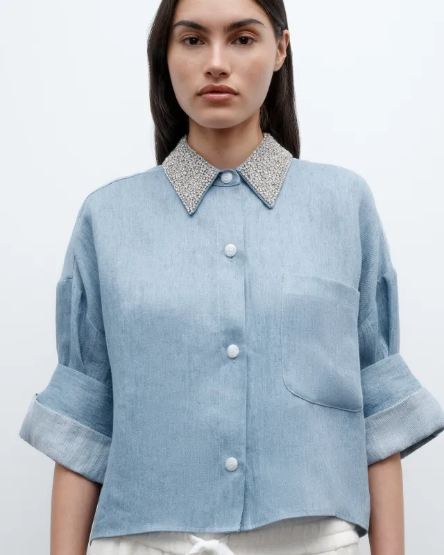 Next Ex Shirt with Crystal Collar in Lightweight Washed Hemp Denim sold by TWP CLOTHING