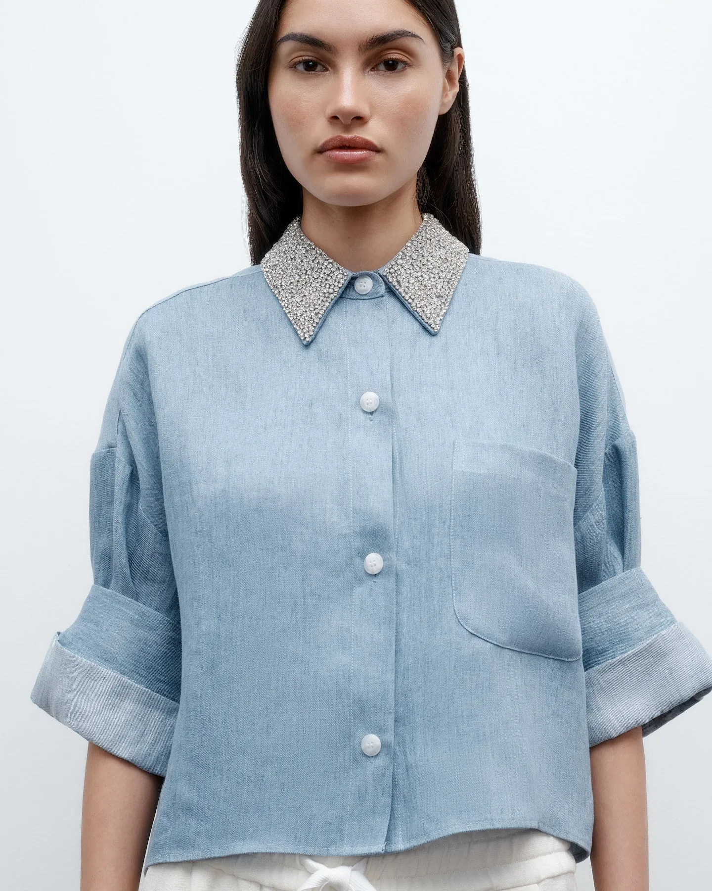 Next Ex Shirt with Crystal Collar in Lightweight Washed Hemp Denim sold by TWP CLOTHING