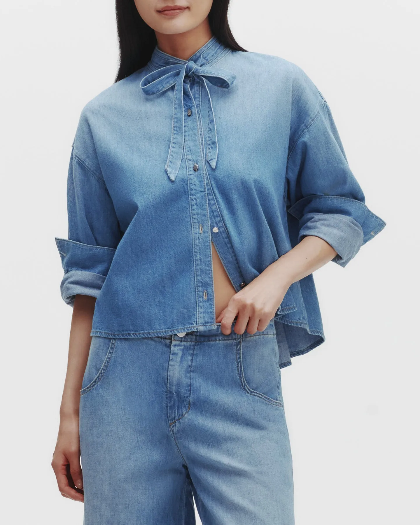 Button Down Shirt with Tie in Denim Shirting sold by TWP CLOTHING