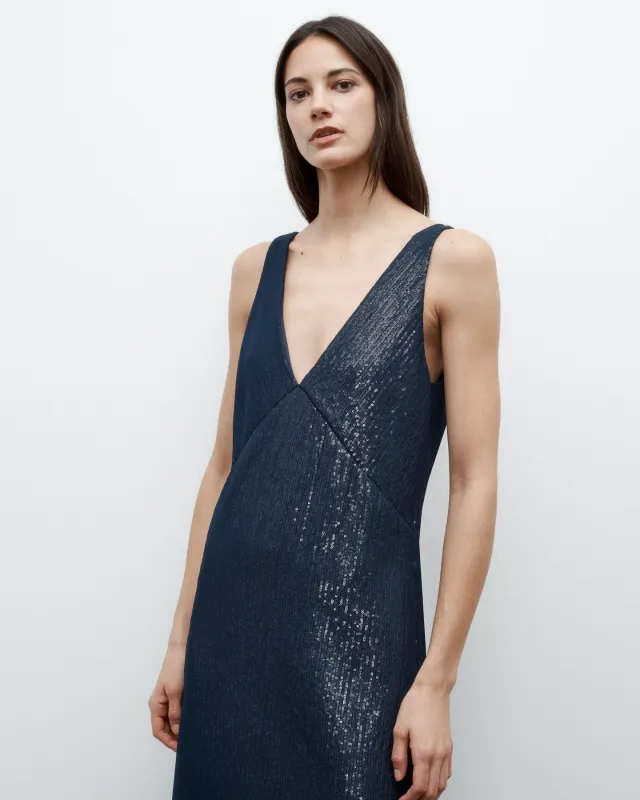 Deep V Dress in Chiffon Encased Pailettes sold by TWP CLOTHING