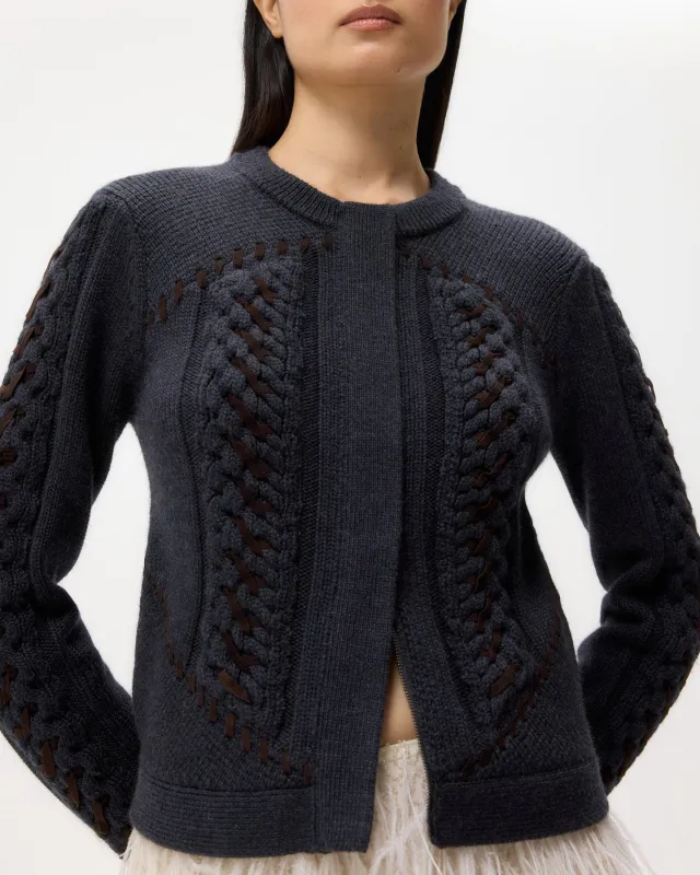 Suede Cable Sweater Jacket in Merino Wool sold by TWP CLOTHING