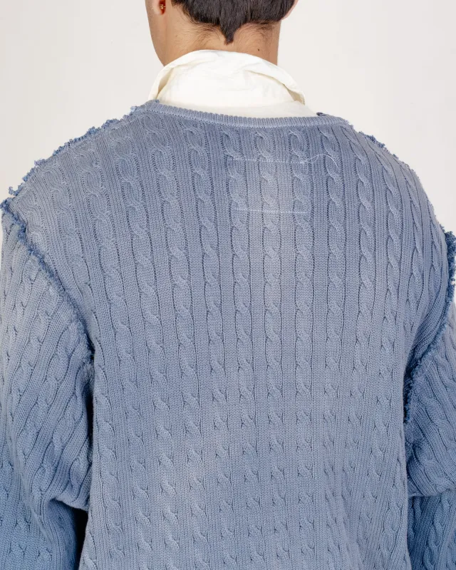 CF.21.03.03.01 FRANKENSTEIN CABLE V-NECK cotton cable knit petrol sold by Camiel Fortgens