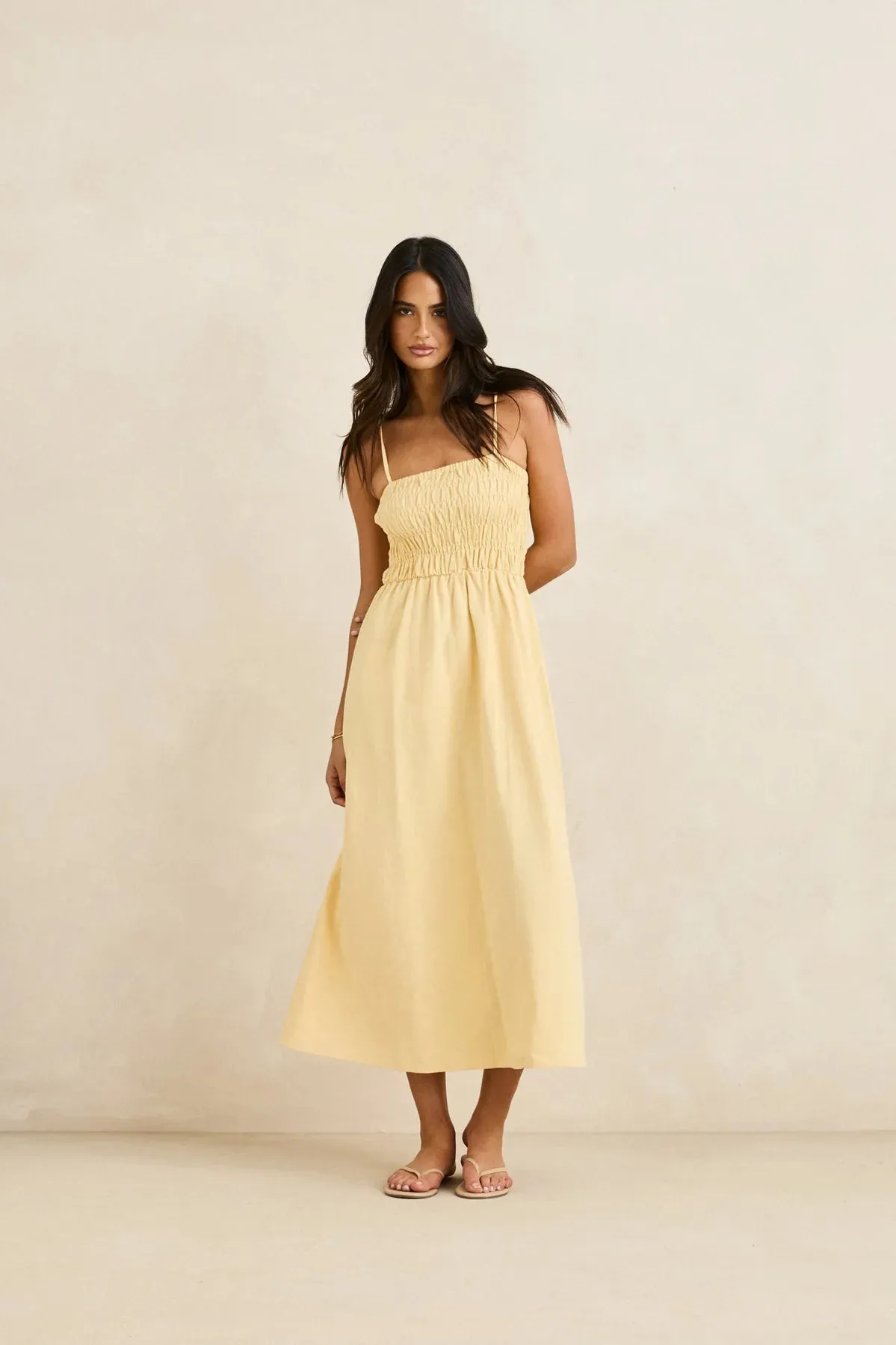 Rhythm Classic Shirred Midi Dress sold by JUNE SWIMWEAR