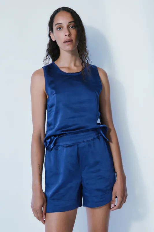 Sienna summer navy satin top sold by MELISSA NEPTON
