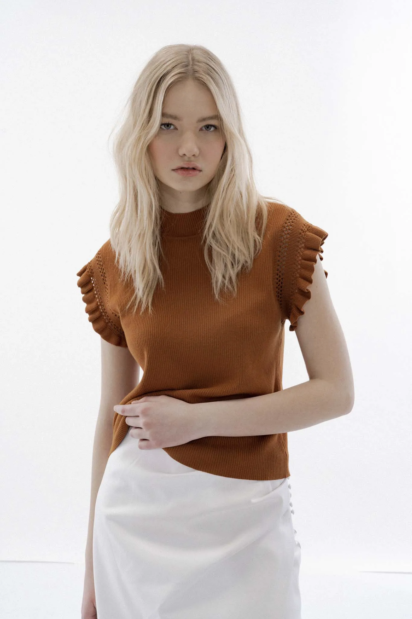 Zowie crochet bronze sweater sold by MELISSA NEPTON