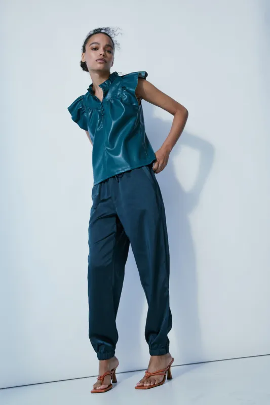 Cary bluestone satin jogger sold by MELISSA NEPTON