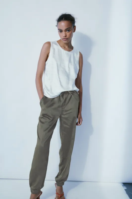 Cary khaki satin jogger sold by MELISSA NEPTON