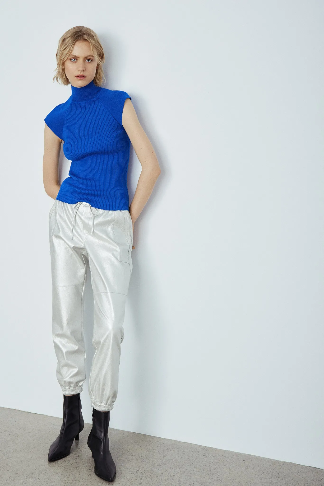 Tristan metallic silver faux leather jogger sold by MELISSA NEPTON