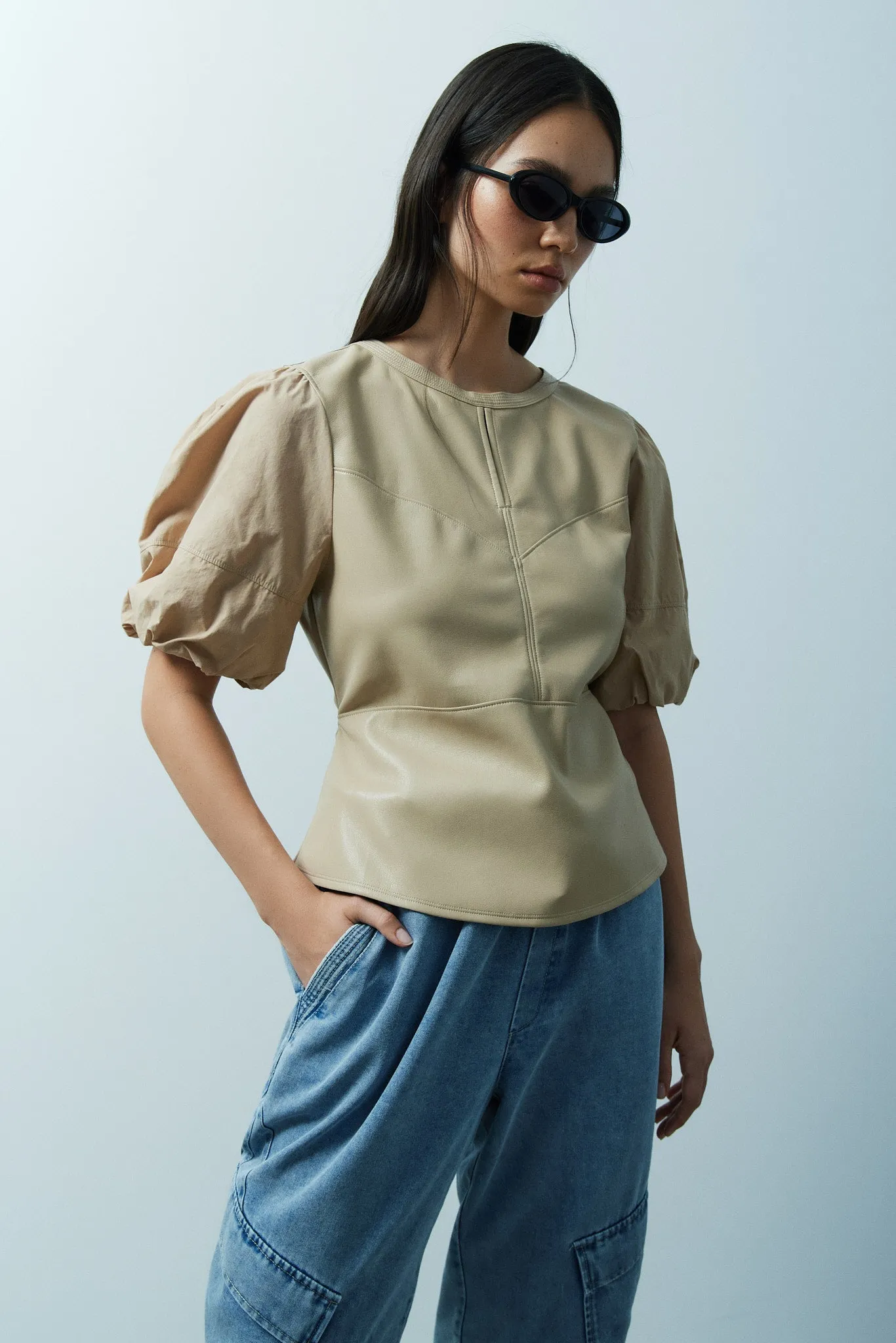 Oska desert faux leather and poplin blouse sold by MELISSA NEPTON