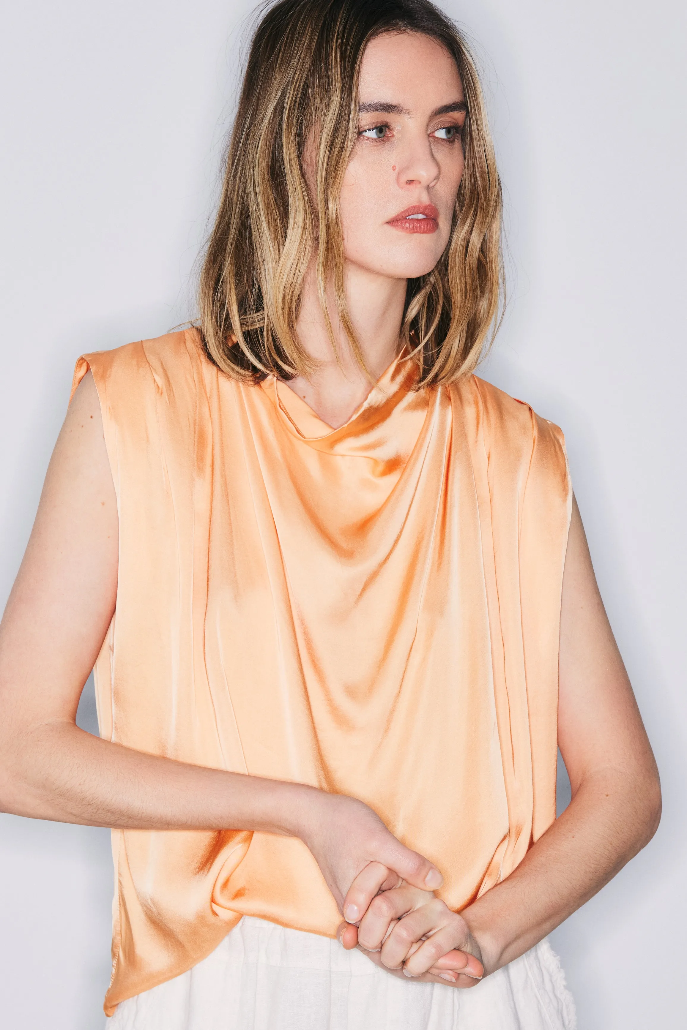 Nile tangerine satin top sold by MELISSA NEPTON