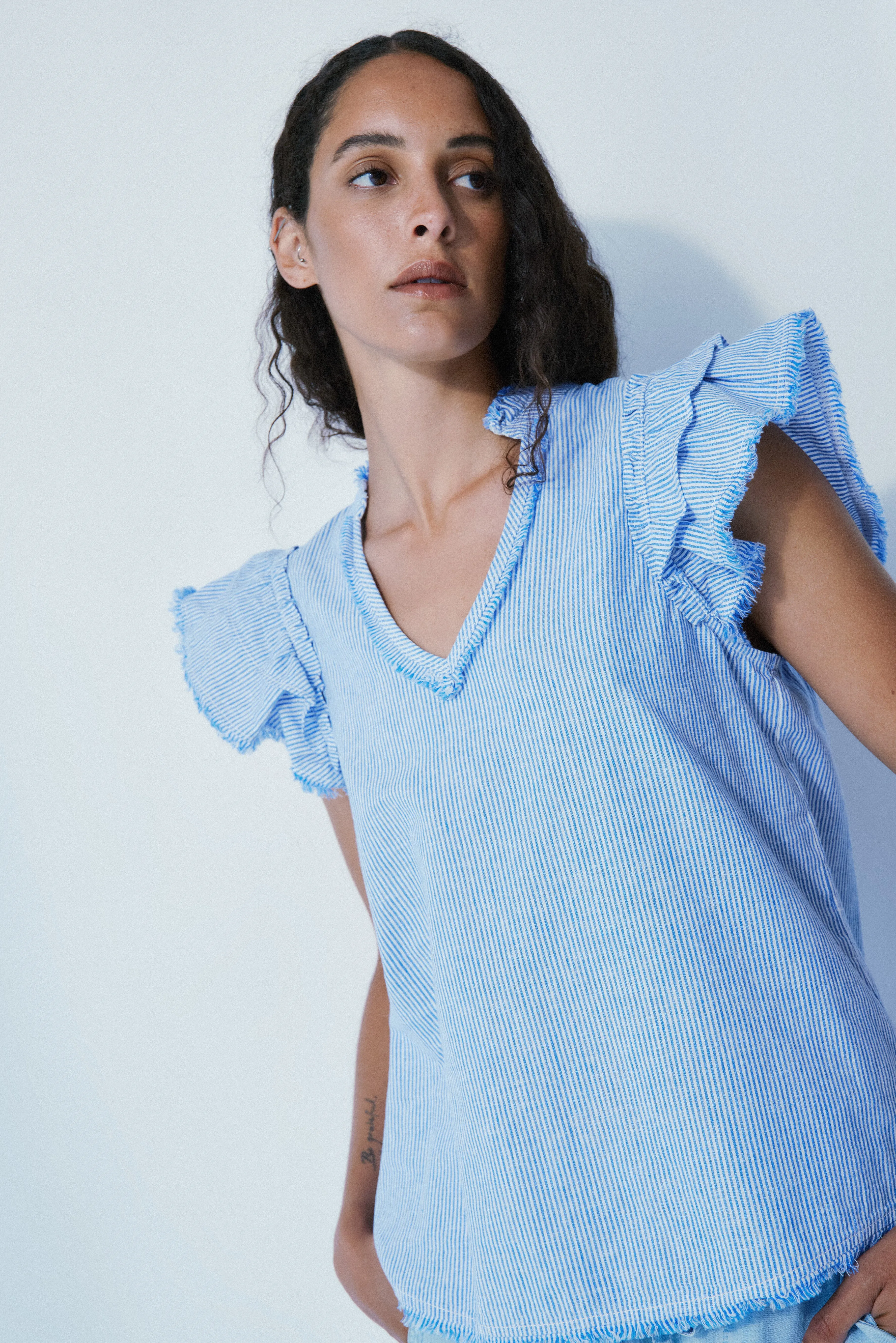 Dally thin blue stripe linen blouse sold by MELISSA NEPTON