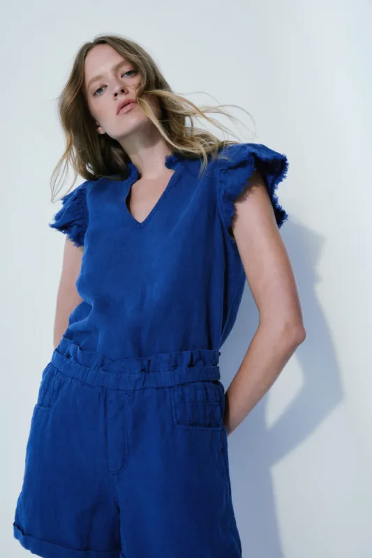 Carrie batik blue linen top sold by MELISSA NEPTON