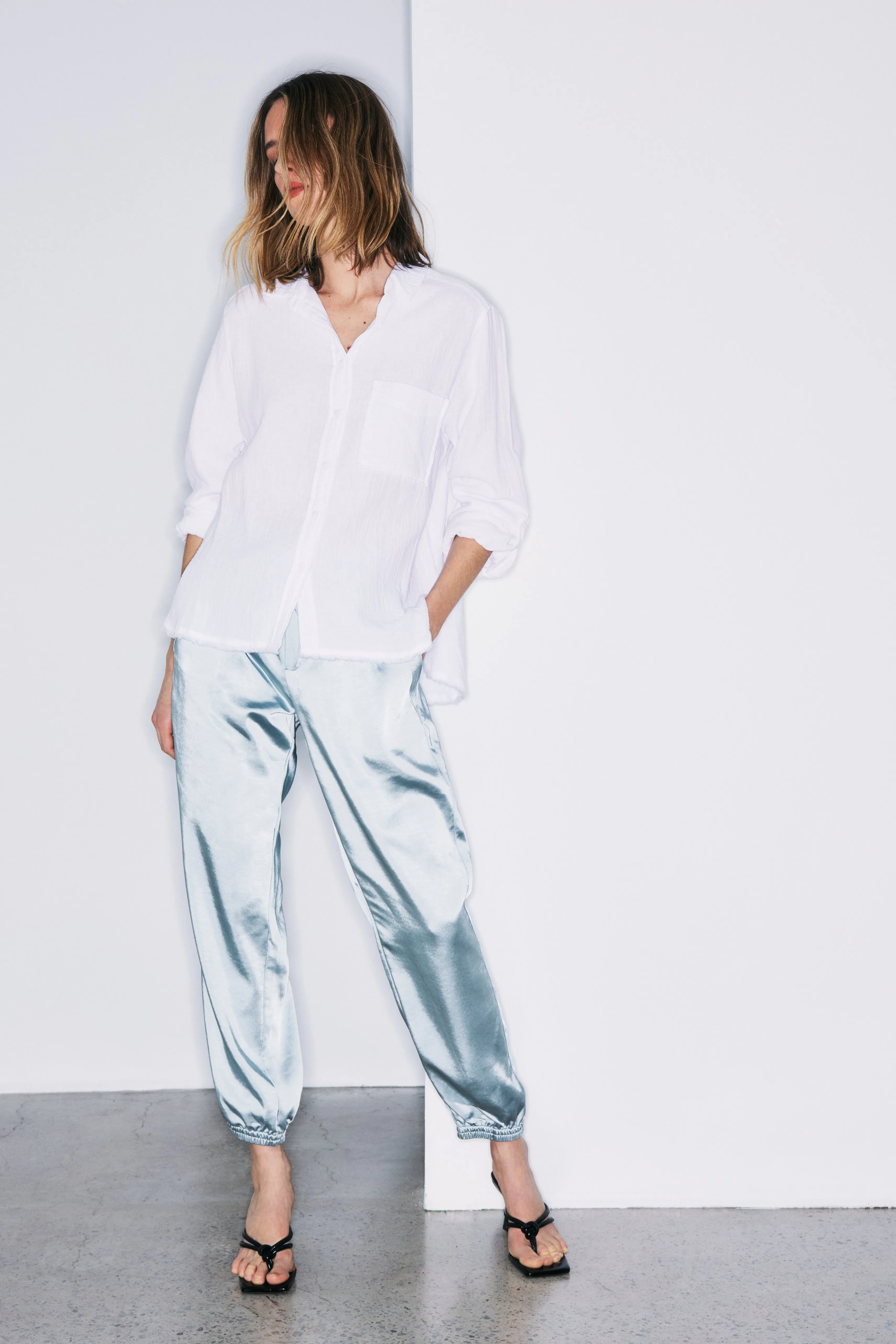 Baya sparkling green satin jogger sold by MELISSA NEPTON