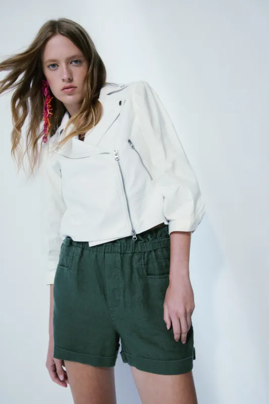 Garance khaki green linen short sold by MELISSA NEPTON