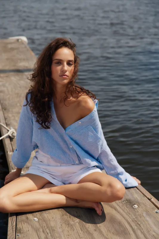 Sunny thin blue stripe linen shirt sold by MELISSA NEPTON