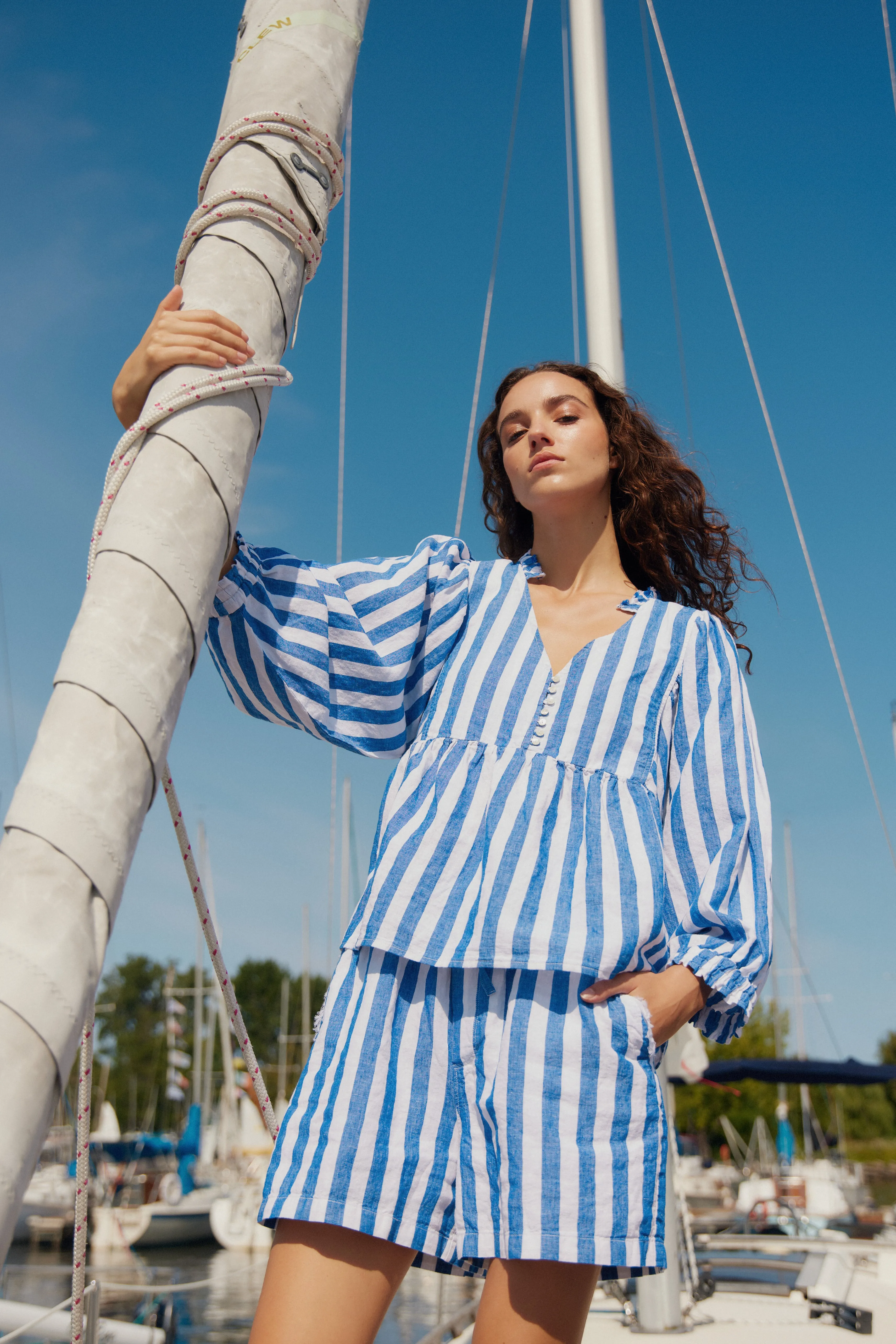 Yasmin wide royal stripe linen short sold by MELISSA NEPTON