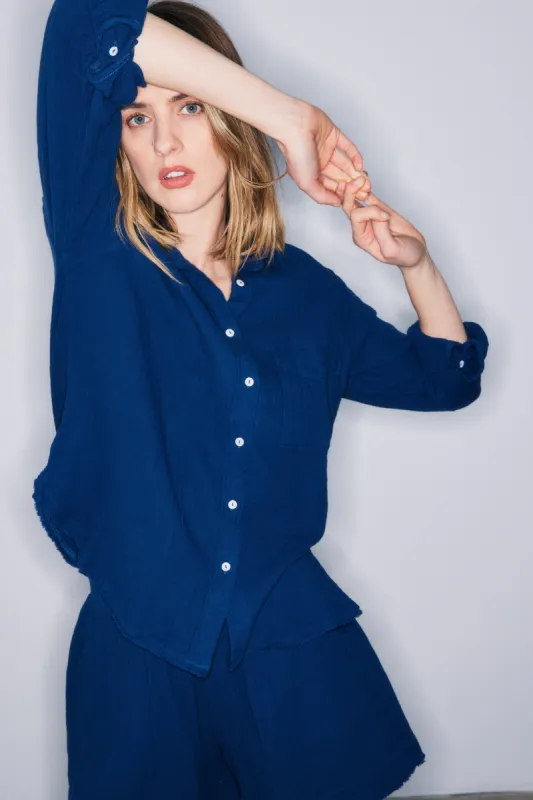 Faye batik blue cotton gauze shirt sold by MELISSA NEPTON