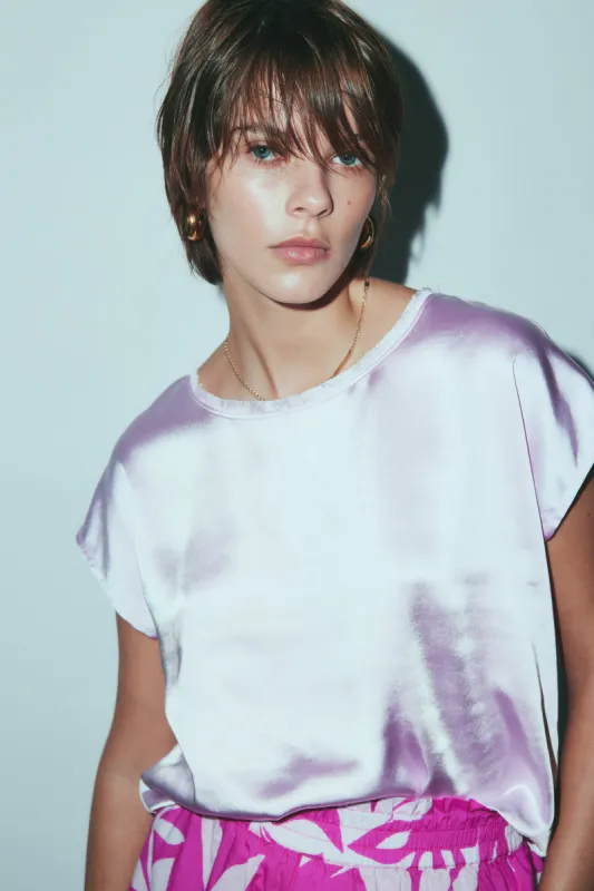 Willow lilac satin tee sold by MELISSA NEPTON