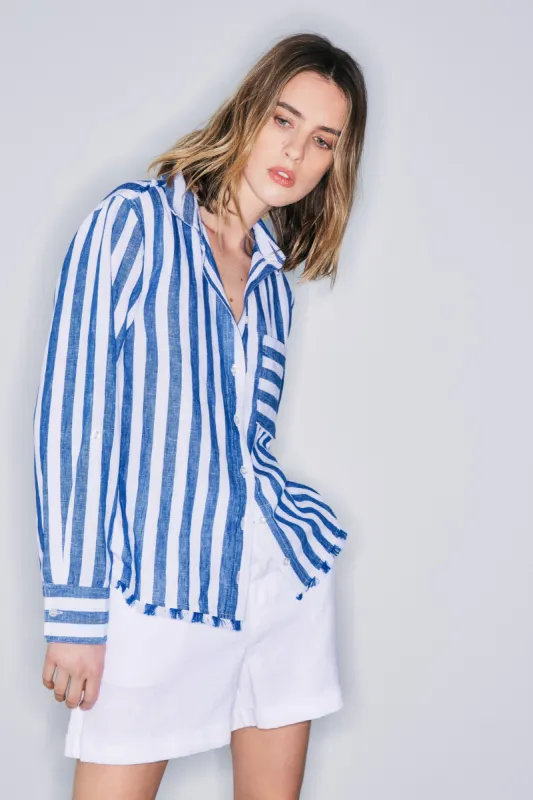 Keny wide royal stripe linen shirt sold by MELISSA NEPTON