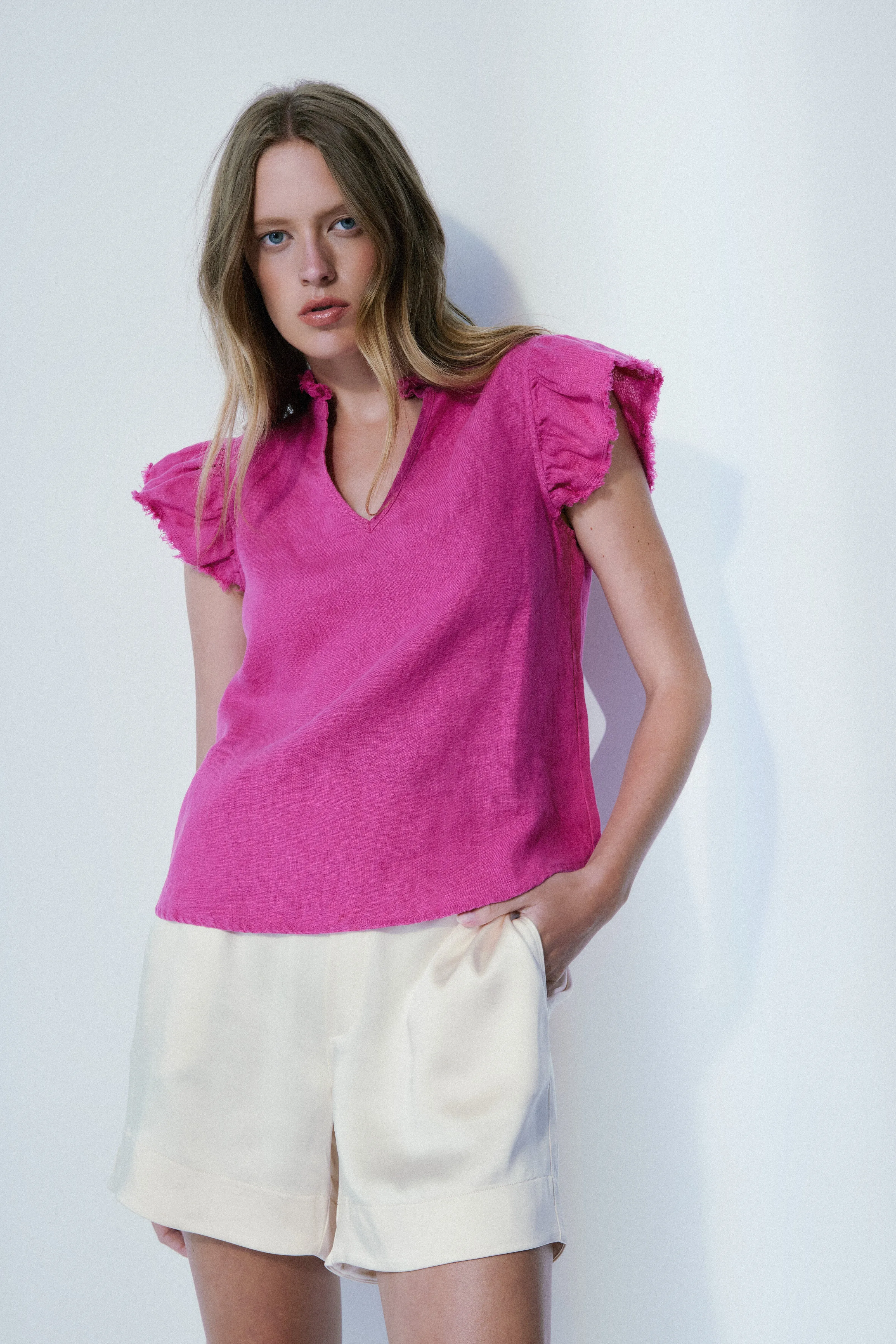 Carrie bright pink linen blouse sold by MELISSA NEPTON