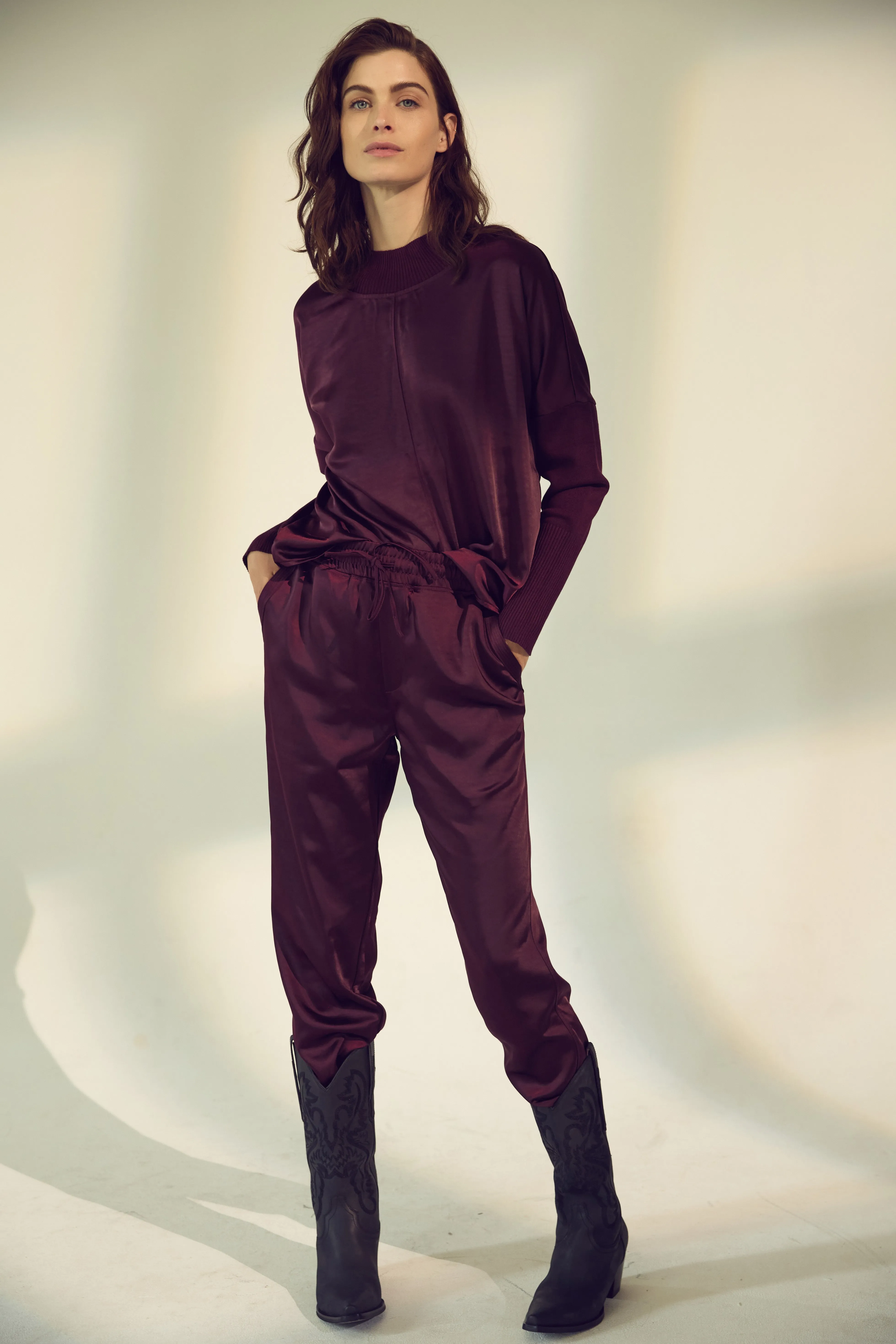 Cary merlot satin jogger sold by MELISSA NEPTON