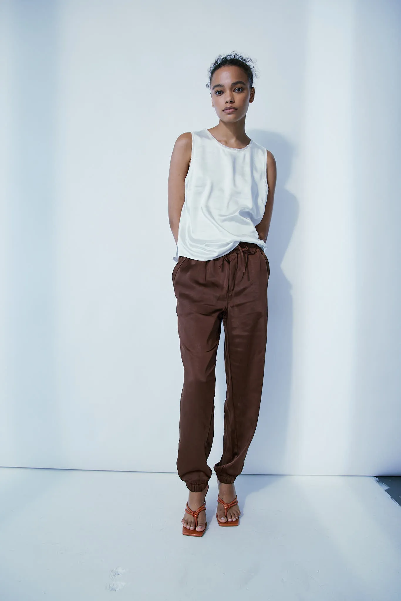 Cary light brown satin jogger sold by MELISSA NEPTON