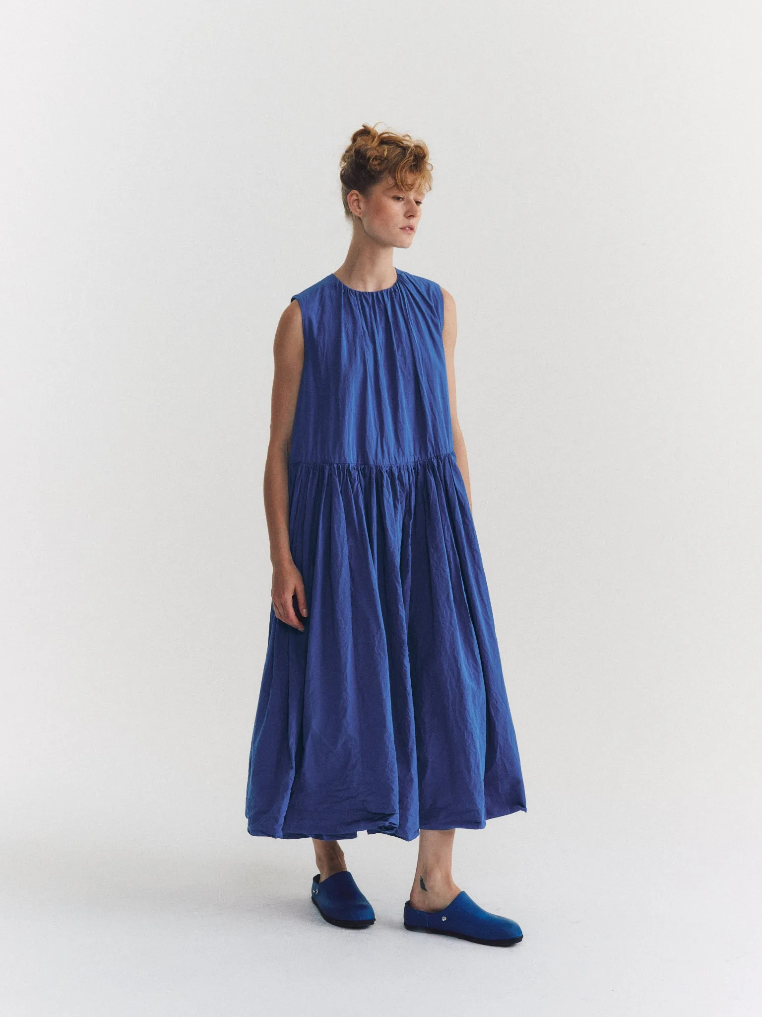POMME RUCHEE DRESS - CHALK POPLIN - M BLUE sold by Casey Casey