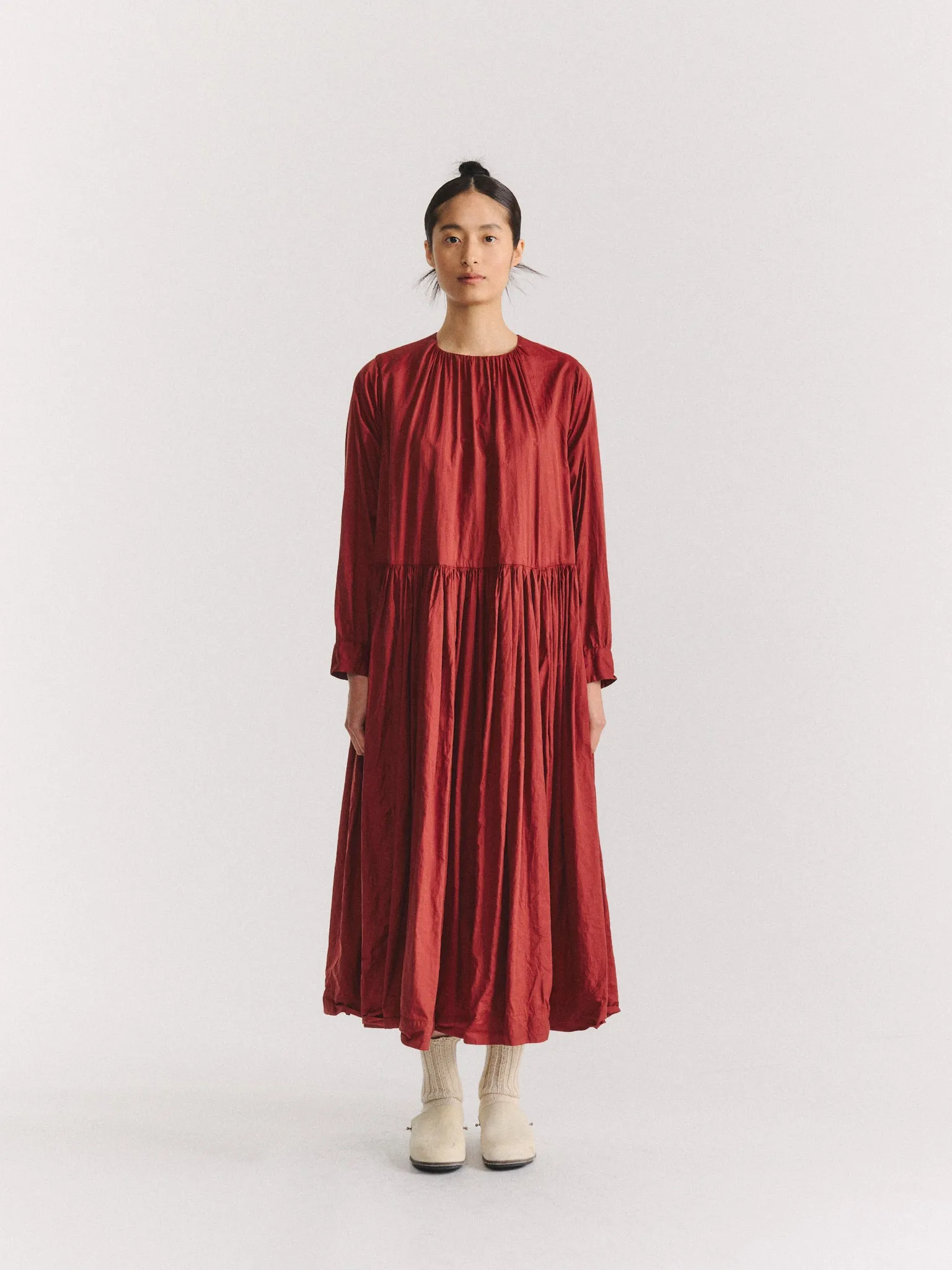 POMME RUCHEE DRESS - TWIL COT SILK - BRICK sold by Casey Casey