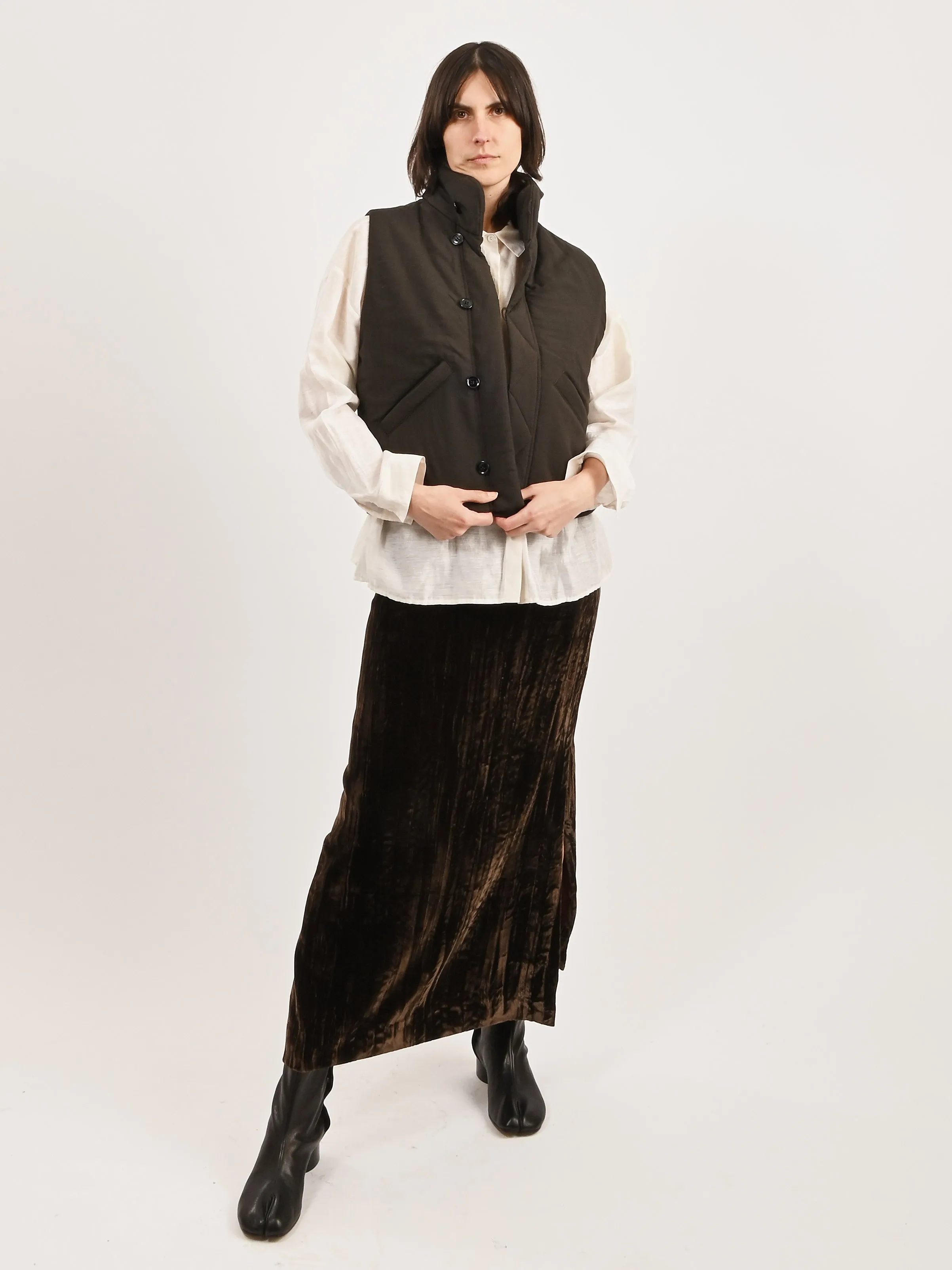 Dark Espresso Wadded Gilet sold by Frances May Houseline