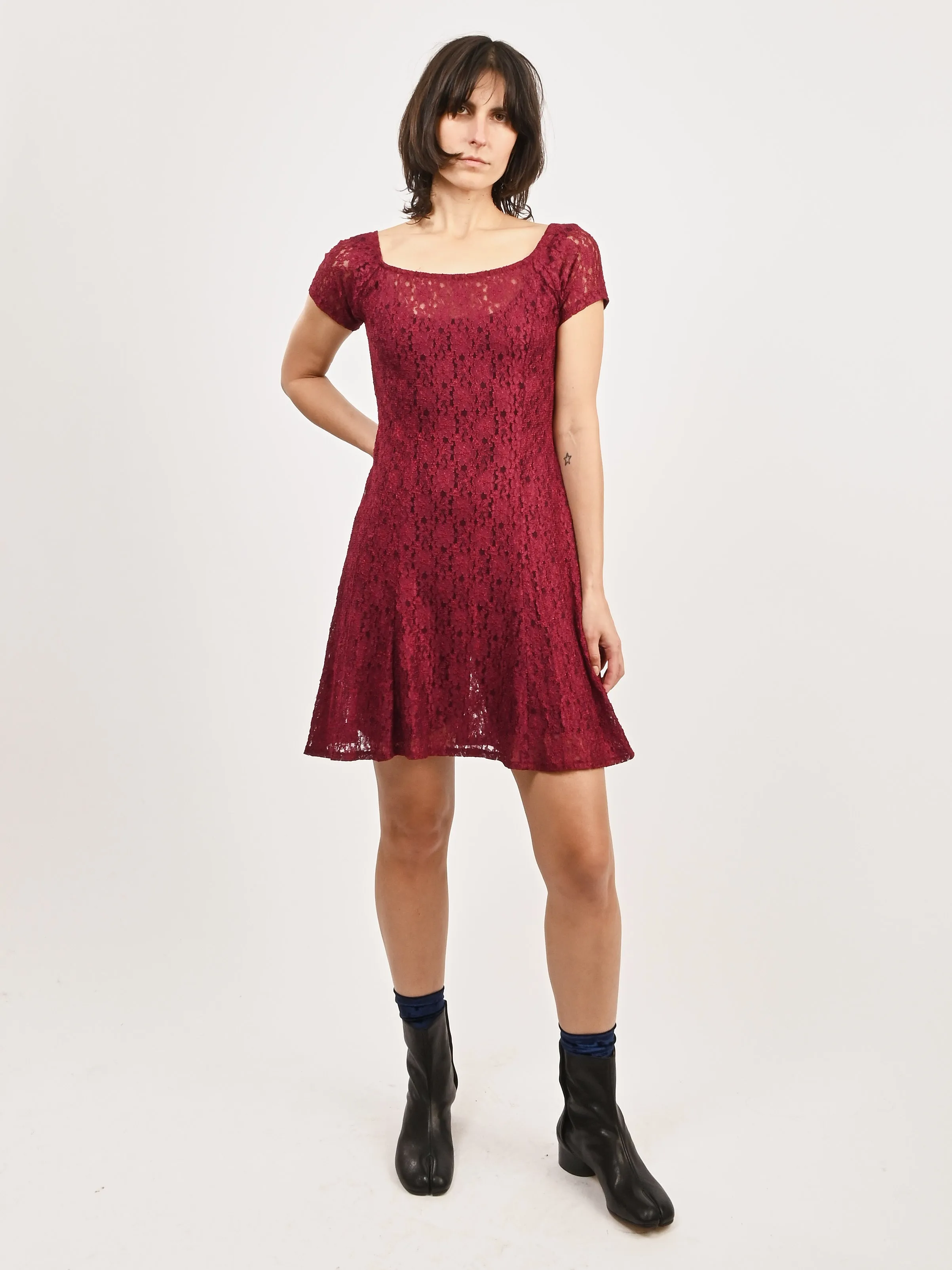 Burgundy Lace Mini Dress sold by Frances May Houseline