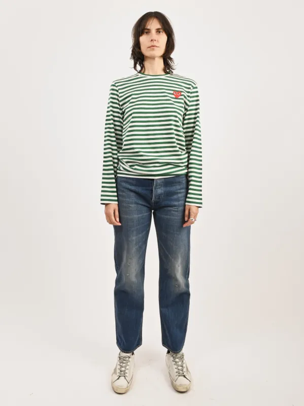 Green/White Red Heart Play Striped T-Shirt sold by Frances May Houseline